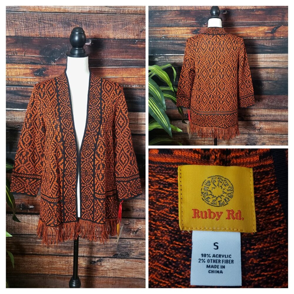 NWT Ruby Rd Cardigan Sweater S Boho Fringe Tribal Aztec